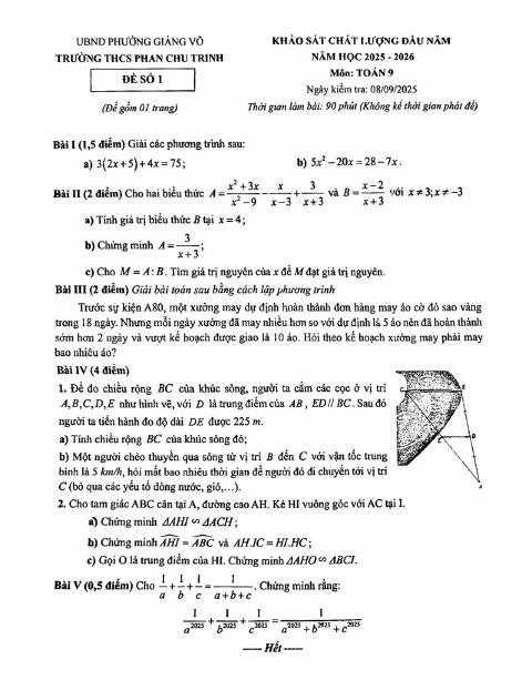 Đề Khảo sát đầu năm Toán 9 năm 2025-2026 trường THCS Phan Chu Trinh (Hà Nội)